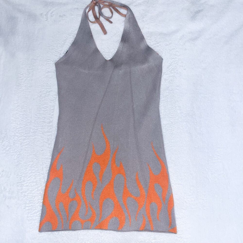 Forever 21 Mini Halter Bodycon Dress Dopamine Y2K - Gray Orange Flames, Size S